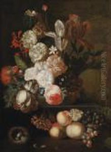 Roses, Tulips, Violets And Other Flowers by Jan Van Huysum