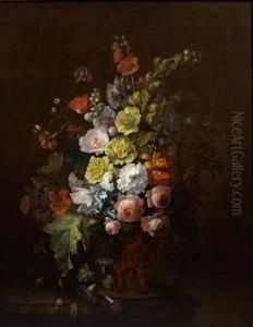 Roses, Poppies, Convolvulus And Other Flowers In A Bronze Vase On A Marble Ledge by Justus van Huysum