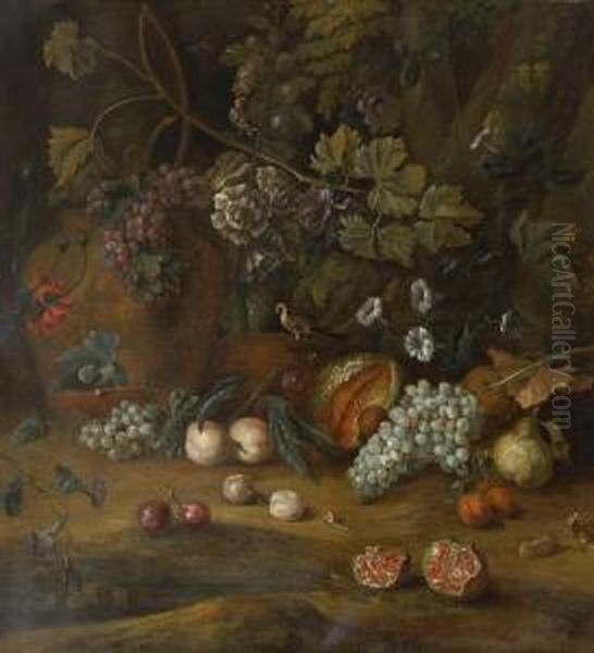 Stillleben Mit Fruchten, Blumen Und Vogeln In Landschaft - view 1