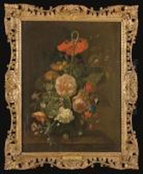 Soucis, Pivoines, Pois De Senteur, Chardons, Une Rose, Un Iris Et Autres Fleurs Dans Un Vase - view 1