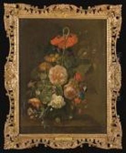 Soucis, Pivoines, Pois De Senteur, Chardons, Une Rose, Un Iris Et Autres Fleurs Dans Un Vase by Justus van Huysum