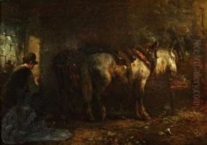 Stalinterieur Met Twee Paarden by Hendrik Van Ingen