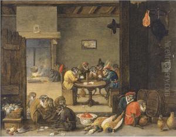 Monkeys Playing Cards - view 1