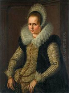 Portrait Of Lady, Half Length, Wearing A Black And Gold Dress With A Broad White Lace Collar by Hieronymus Van Kessel