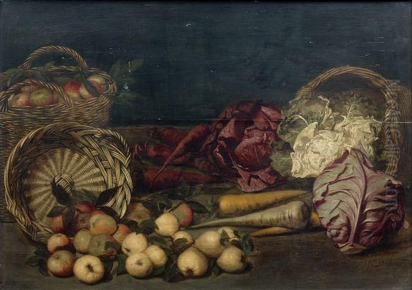 Nature Morte Aux Paniers De Pommes, Choux Et Carottes Disposes Sur Un Entablement - view 1