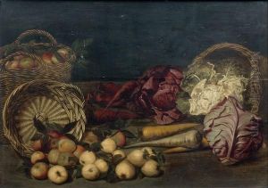 Nature Morte Aux Paniers De Pommes, Choux Et Carottes Disposes Sur Un Entablement by Jan van Kessel