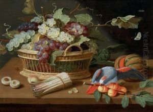 Corbeille De Raisins, Perroquets Et Branches D'abricots Sur Un Entablement