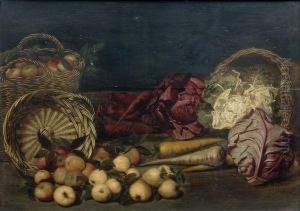 < Nature Morte Aux Paniers De Pommes, Choux Et Carottes Disposes Sur Un Entablement >. by Jan van Kessel