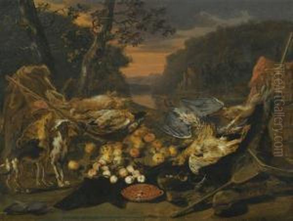 A Still Life With Game, Hunting Gear And Two Dogs - view 1