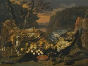 A Still Life With Game, Hunting Gear And Two Dogs by Jan van Kessel