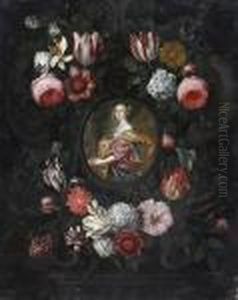 Portrait De Femme Dans Un Cartouche Sculpte Orne De Fleurs