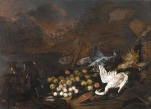 Three Hounds Beside A Group Of Dead Birds Withpeaches, Apples, Pears, And An Earthenware Dish In Alandscape Three Hounds Beside A Group Of Dead Birds Withpeaches, Apples, Pears, And An Earthenware Dish In Alandscape