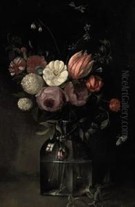 Roses, Tulips, A Snowball, Carnations, Loddon Lilies And An Anemonein A Glass Vase On A Ledge Roses, Tulips, A Snowball, Carnations, Loddon Lilies And An Anemonein A Glass Vase On A Ledge