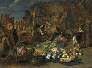 A Still Life Of Cabbages, Carrots, Asparagus, Onions, Pears And Apples Outside A Ruined Barn, Together With Two Goats And Three Rabbits