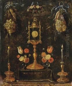 A Pyx With Roses, Tulips And Carnations In Glass Vases On A Draped Altar, Flanked By Two Candlesticks, Decorated With Swags Of Fruit And Flowers