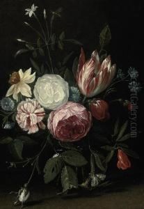 Roses, A Parrot Tulip, Carnations And Other Blooms In A Glass Vasewith Dragonflies