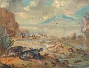 Pingouins Et Poissons Sur La Plage by Jan van Kessel