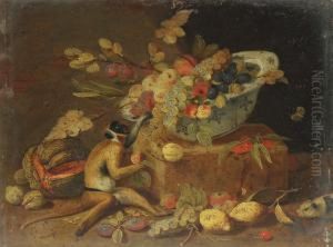 Nature Morte Aux Fruits, Coupe Blanche Et Bleue Et Singe