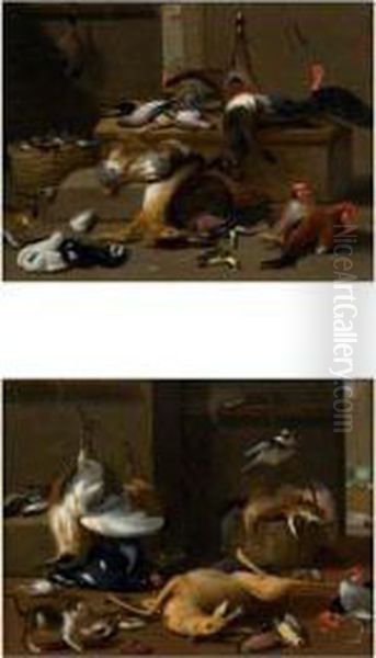 Chevreuil Et Oiseau Lapin, Chat Et Pigeon Paire De Cuivres Parquetes - view 1