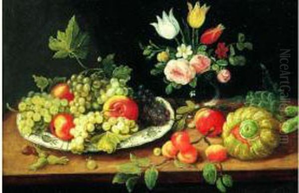 Nature Morte Au Plat De Fruits Et Au Bouquet De Fleurs Sur Un Entablement - view 1