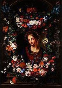 Marienbildnis Mit Stillebenhafter Blumenrahmung by Peter Van Kessel