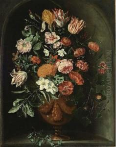 A Still Life With Tulips, Roses, A Red Turban Cup Lily, Auricula, Jasmin, An Iris, Carnations And Other Flowers In A Vase, All In A Stone Niche by Peter Van Kessel