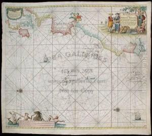 Van Keulen's Chart Of The West Coast Of Europe And Africa, From Scotland South To Gambia. East Is At The Top. A Pictorial Cartouche At Upper Right Depicts Traders Of Various Nationalities; At The Lower Left Is A Scale Of Miles With Mer-people And A Horse.