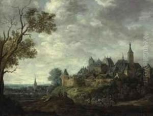 An Extensive Landscape With A Walled City And Travelers