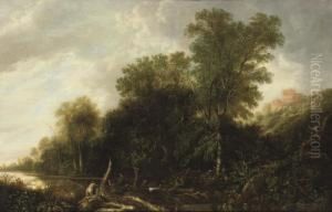 A Wooded Landscape With Nymphs Bathing In A River by Francis Van Knibbergen