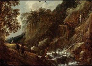A Wooded River Landscape With Figures Conversing On A Path Near A Waterfall by Francis Van Knibbergen