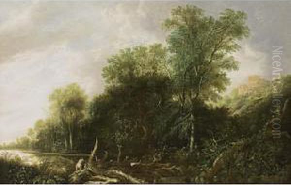 A Wooded River Landscape With Women Bathing, A View Of Classical Houses On A Hill In The Background - view 1