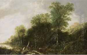 A Wooded River Landscape With Women Bathing, A View Of Classical Houses On A Hill In The Background by Francis Van Knibbergen