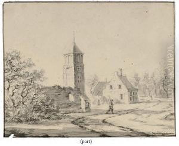 Travellers On A Path Near A Church And Farmhouse - view 1
