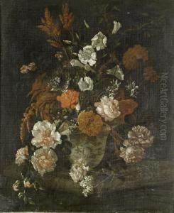 Roses, Carnations, Convolvulus And Other Flowers In A Porcelain Vase On A Stone Ledge