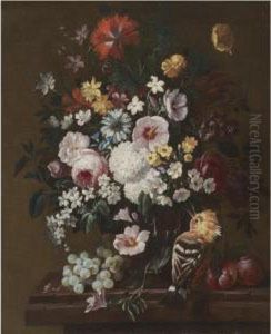 A Still Life With Flowers In A Glass Vase With A Hoopoe, Plums And A Bunch Of Grapes by Philip Van Kouwenbergh