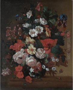 Still Life With Roses, Irises And Other Flowers In A Glass Vase On A Stone Ledge by Philip Van Kouwenbergh