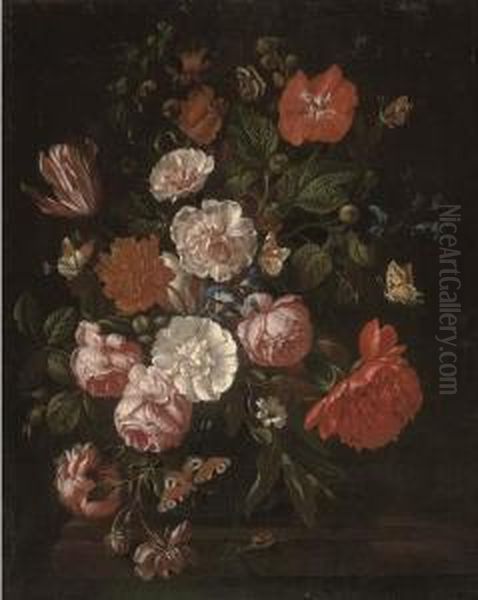 Roses, Carnations, Morning Glory And A Tulip In A Glass Vase On Awooden Ledge With Butterflies And A Snail - view 1