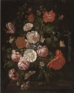 Roses, Carnations, Morning Glory And A Tulip In A Glass Vase On Awooden Ledge With Butterflies And A Snail by Philip Van Kouwenbergh