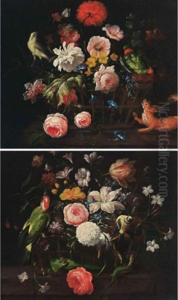 A Still Life With A Rose, A Snowball, Tulips, Marigolds, Forget-me-nots And A Poppy Anemone In A Basket, Together With A Butterfly, A Green Woodpecker And A Great Tit All On A Wooden Table With Two Green Lizards - view 1