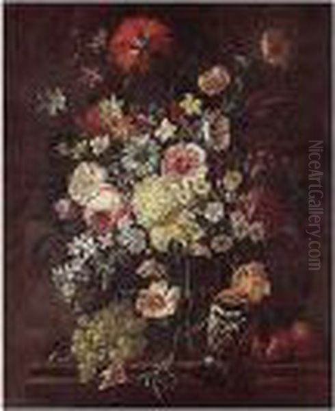 A Still Life Of Roses, Carnations, Daisies, Morning Glory, Camelias And Lilacs In A Glass Vase, Together With A Hoopoe, Grapes, Peaches And A Snail - view 1