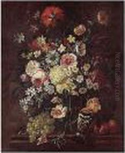 A Still Life Of Roses, Carnations, Daisies, Morning Glory, Camelias And Lilacs In A Glass Vase, Together With A Hoopoe, Grapes, Peaches And A Snail by Philip Van Kouwenbergh