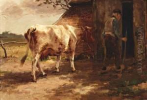 Boer Met Koe Bij De Stal by Fedor Van Kregten