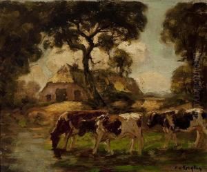 Three Cows Near A Farm On A Sunnyday by Fedor Van Kregten