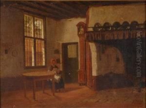 Dutch Kitchen Interior With Woman At Her Mending by Frans Pieter Van Kuyck