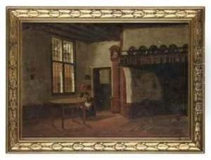 A Lady Sewing In An Interior by Jean Louis van Kuyck