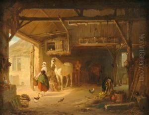 Stableinterior With Figures, Poultry And Horse