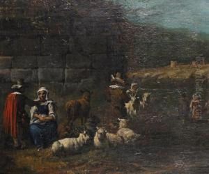 Figures Resting Beside A River, Before An Open Landscape With A Castle In The Distance by Pieter Van Laer (BAMBOCCIO)