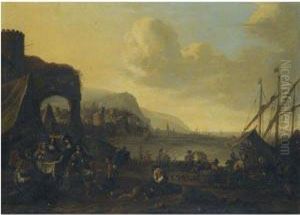 A Harbour Scene With Figures Unloading Cargo by Pieter Boddingh Van Laer