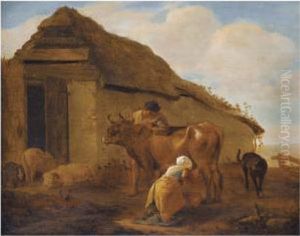 A Landscape With A Milkmaid, A Cow And Livestock by Pieter Boddingh Van Laer