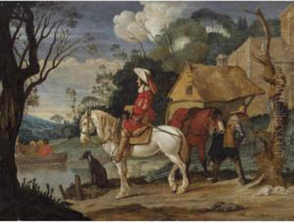 River Landscape With Cavaliers Waiting For A Ferry - view 1